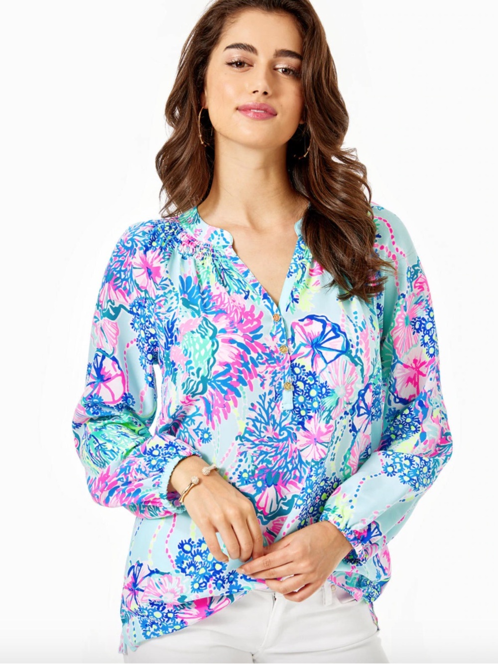 Lilly Pulitzer Elsa Silk Top Blouse Beach You To It Print Blue Pink XL